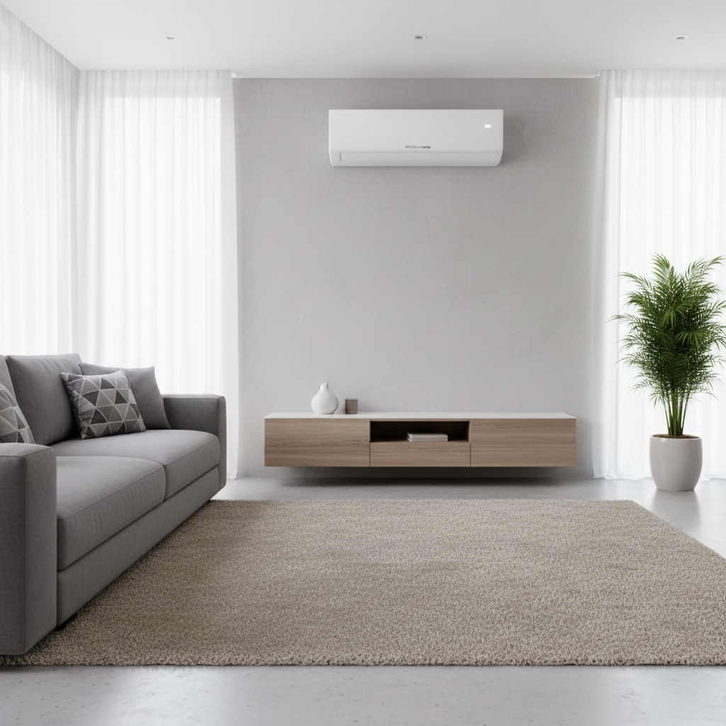 Professioneel geïnstalleerde airconditioning aan de wand van een moderne woonkamer