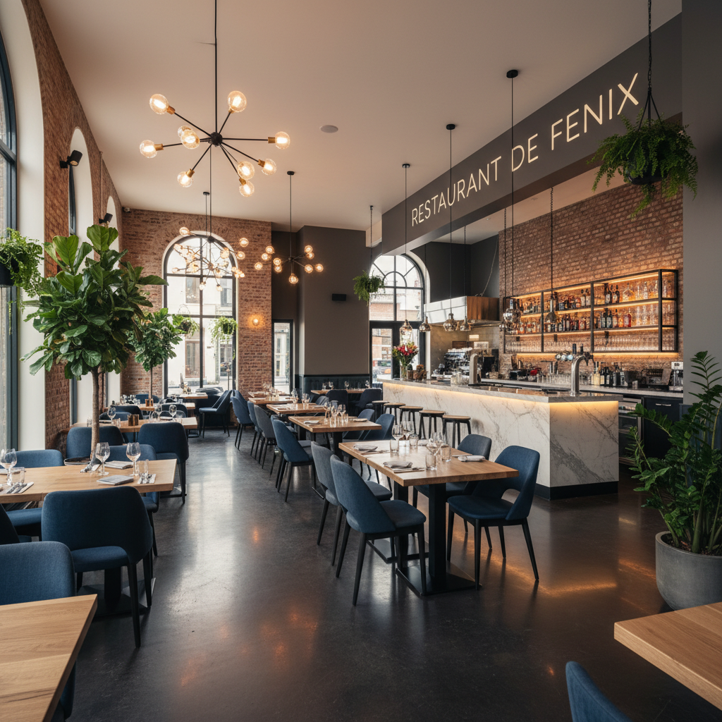 Volledig herbouwd restaurant interieur na branschade, modern en stijlvol afgewerkt