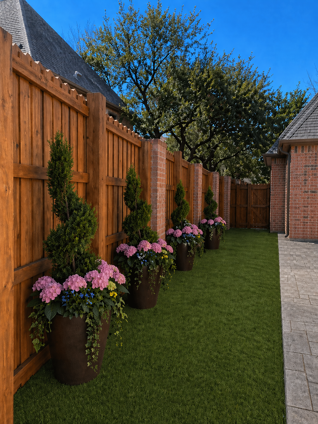 Professional landscaper carefully planting new shrubs in a Dallas residential garden