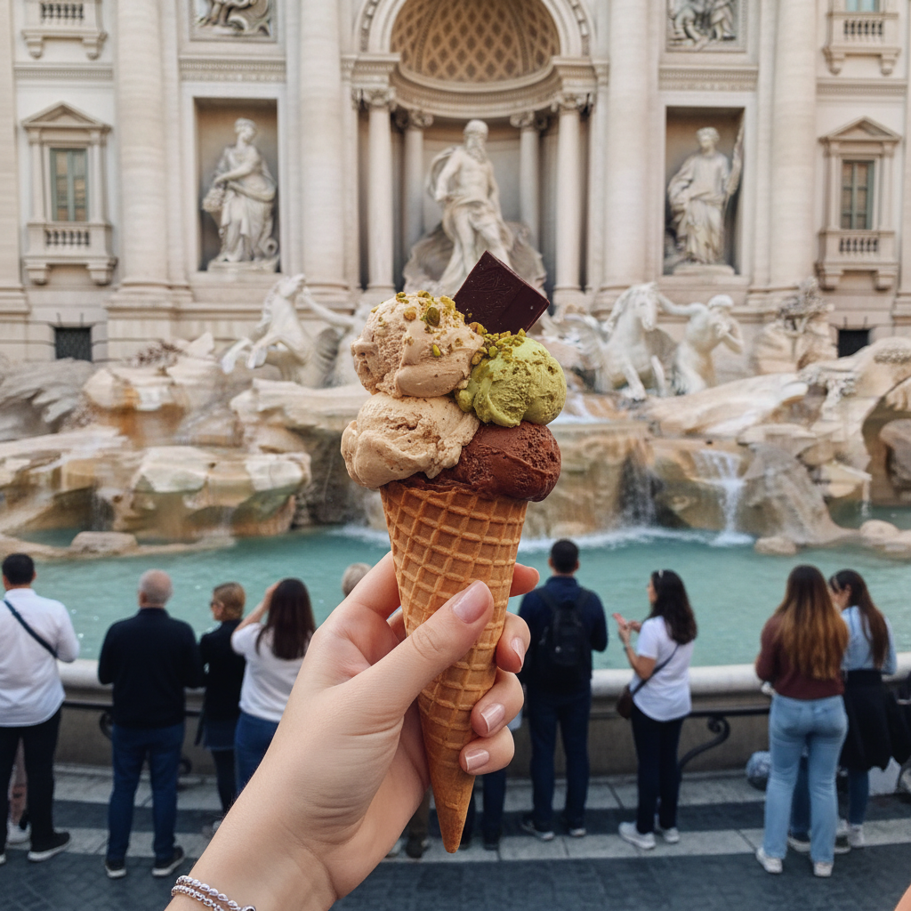 Hand holding a gelato cone near the Trevi Fountain