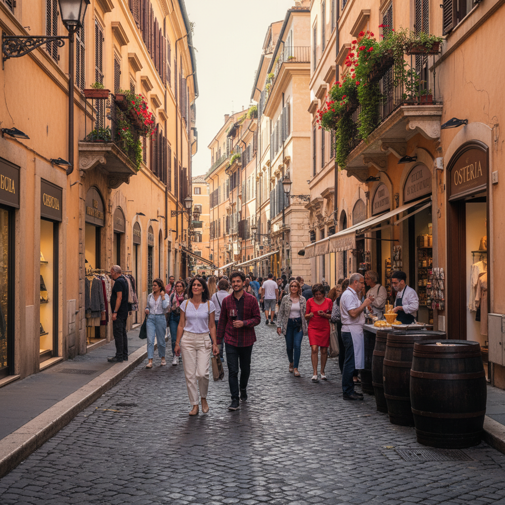 A bustling shopping street in Rome