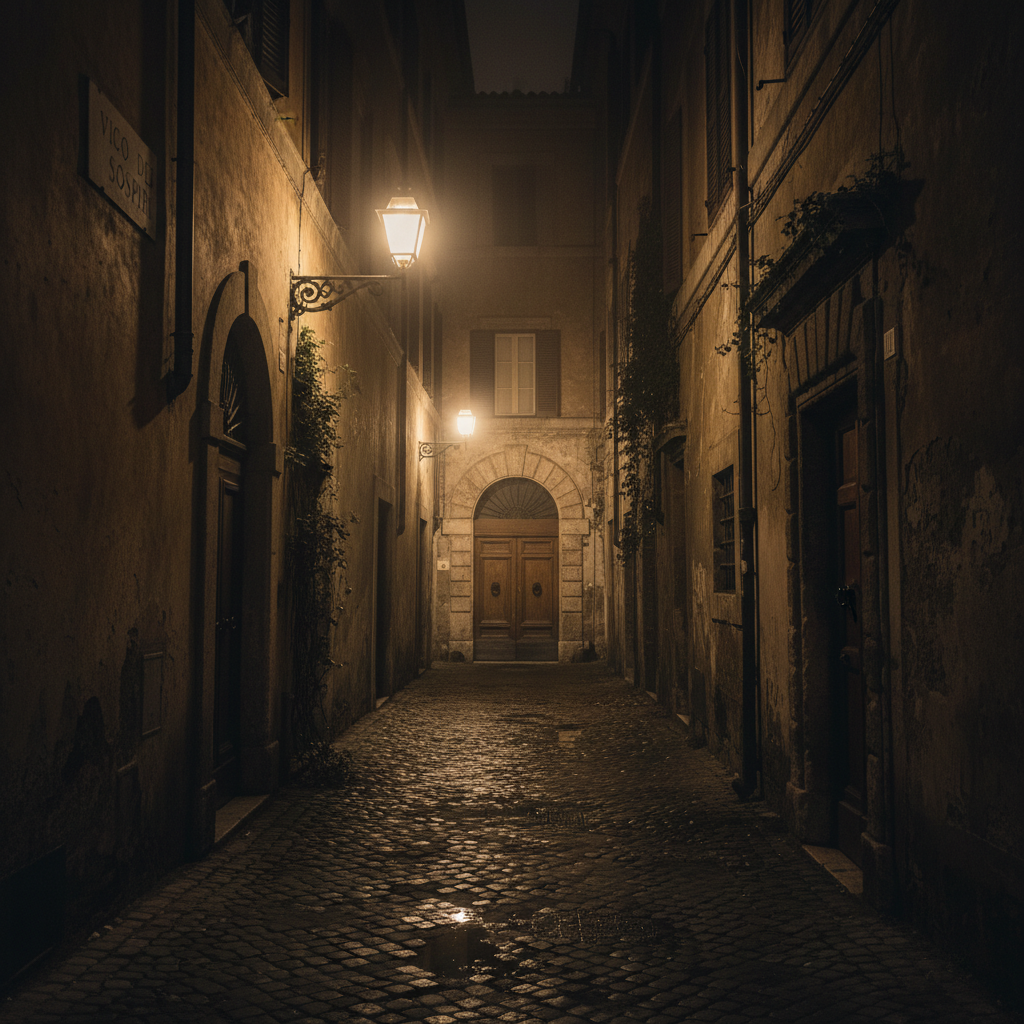 A dark, atmospheric alley in Rome at night