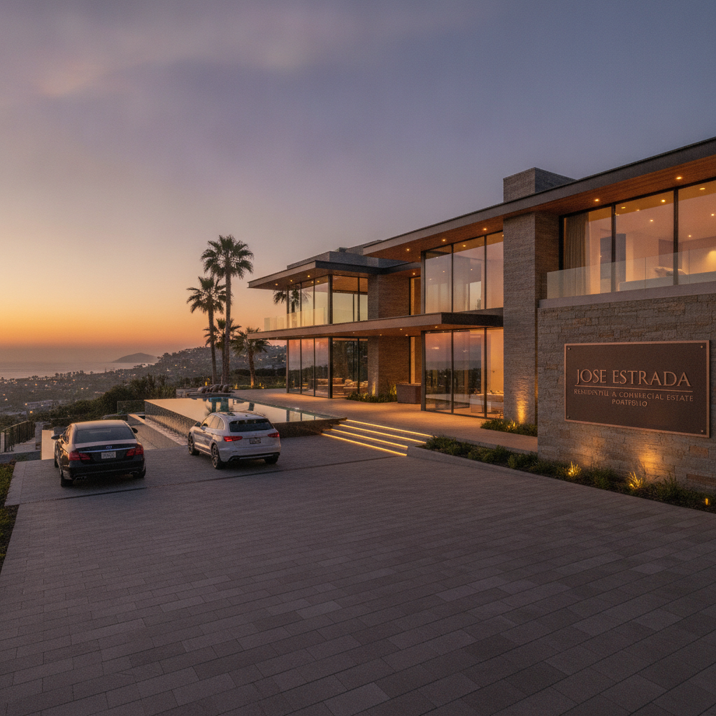 Stunning modern luxury mansion exterior at dusk in San Diego, representing high-end residential and commercial real estate portfolio of Jose Estrada
