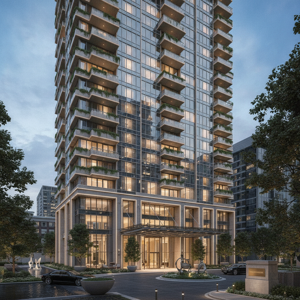High-end commercial tower in downtown San Diego Gaslamp Quarter with modern glass facade