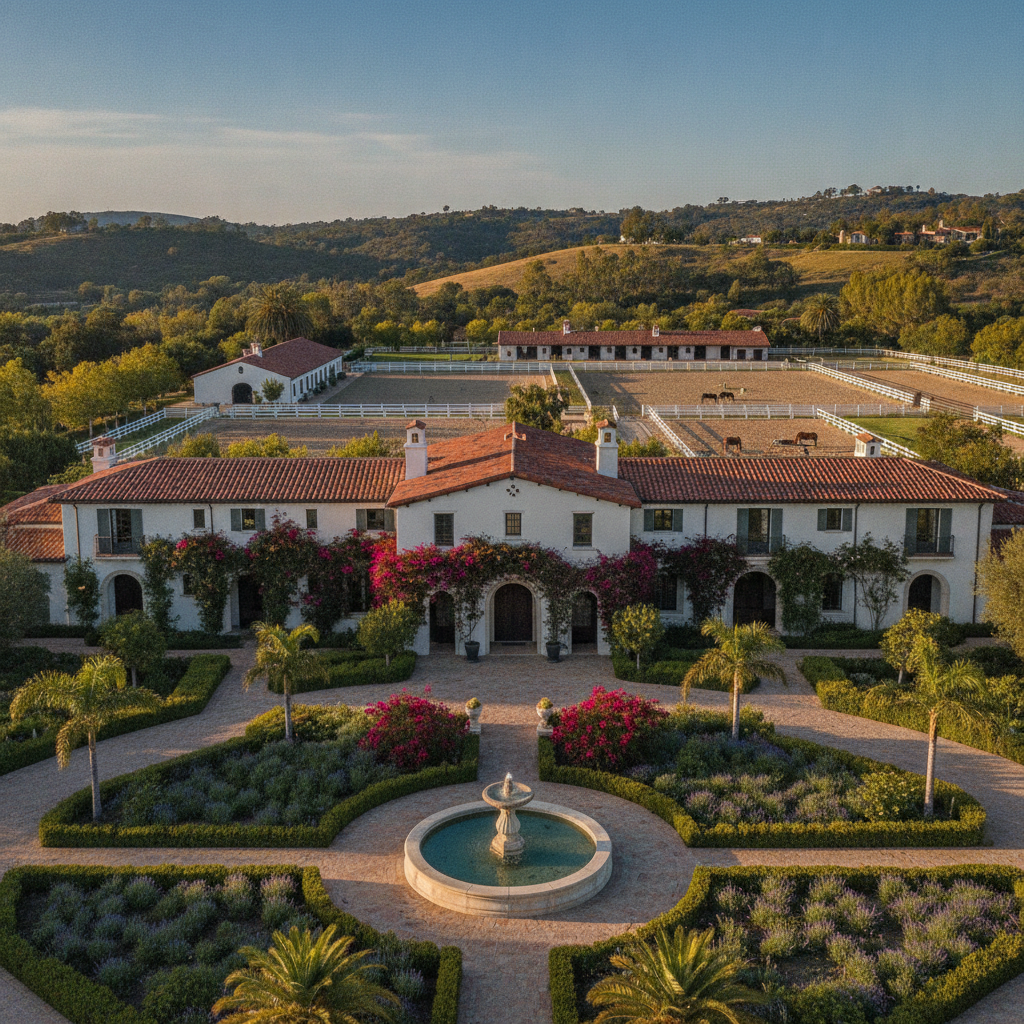 Elegant Rancho Santa Fe estate with sprawling manicured gardens equestrian grounds and Spanish colonial architecture