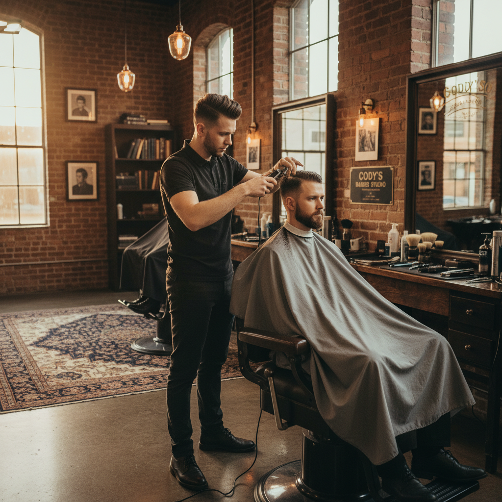 Master barber Cody giving a precision fade haircut in a modern leather chair inside a premium Austin barbershop loft with classic barber tools and warm golden lighting