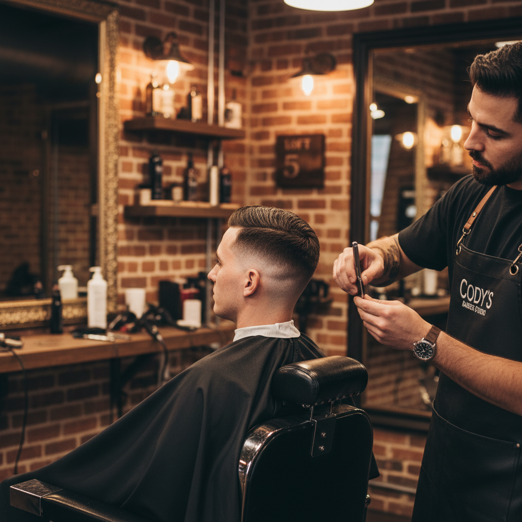 Fresh skin fade haircut with sharp lineup performed at Cody's Barber Studio in Austin