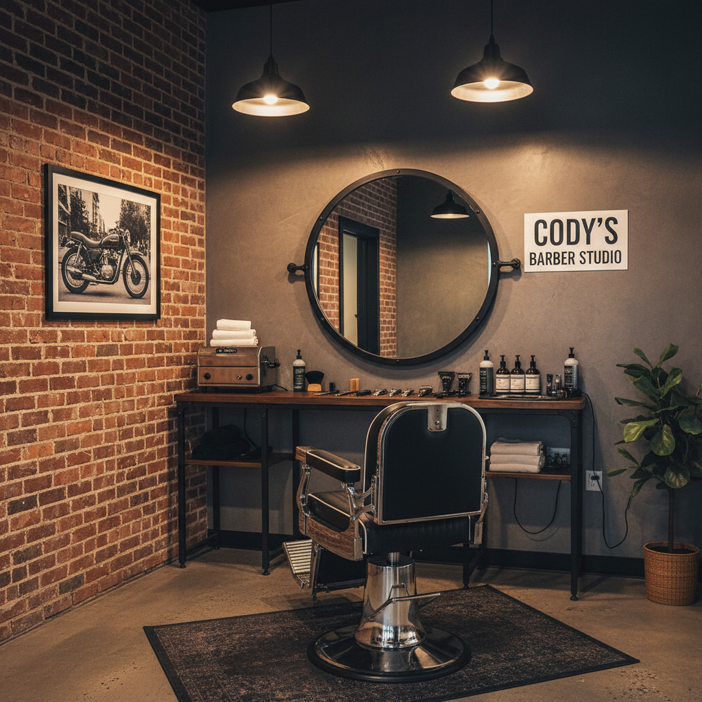 Interior of Cody's Barber Studio loft 5 with vintage leather chair classic barber tools and warm ambient lighting