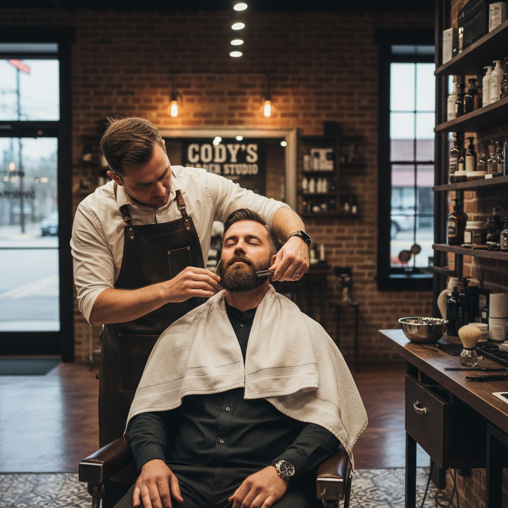 Detailed beard sculpting and hot towel treatment being performed at a private Austin barber loft
