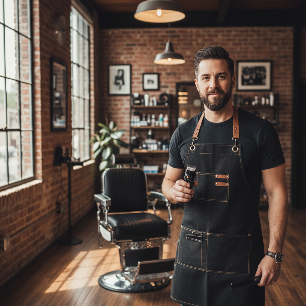 Cody the master barber portrait in his Austin loft barbershop wearing a black apron holding clippers