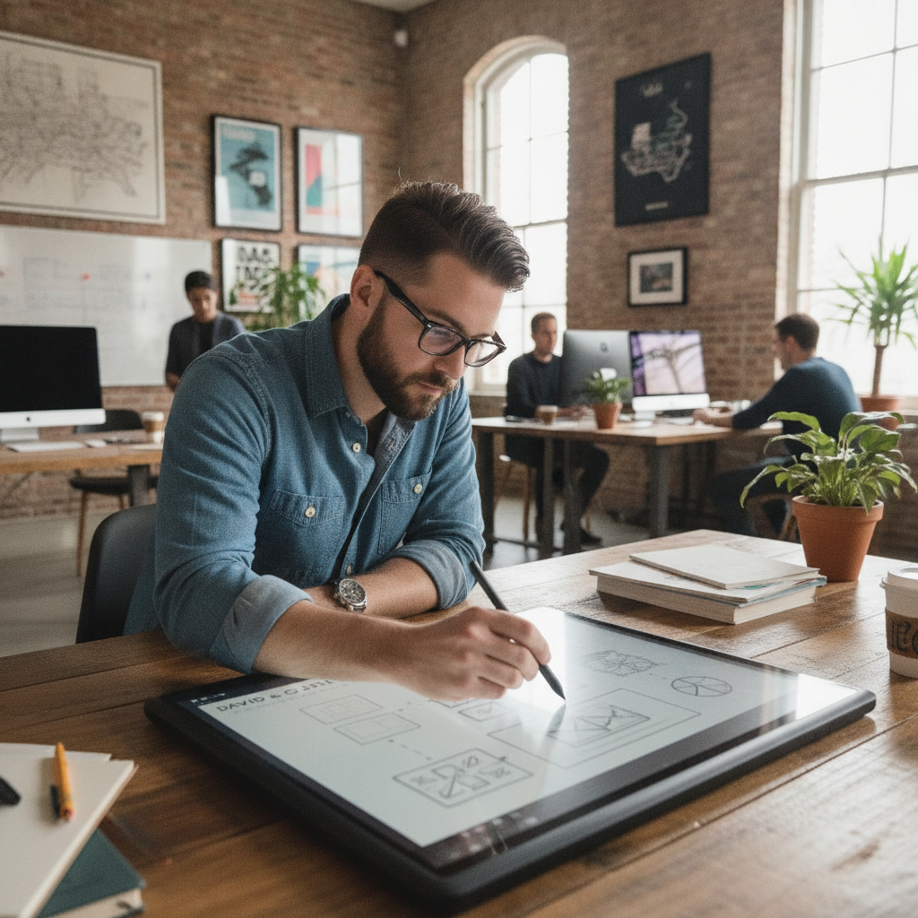 David & Co Creative founder sketching website wireframes and brand concepts at a modern creative agency studio in Charlotte