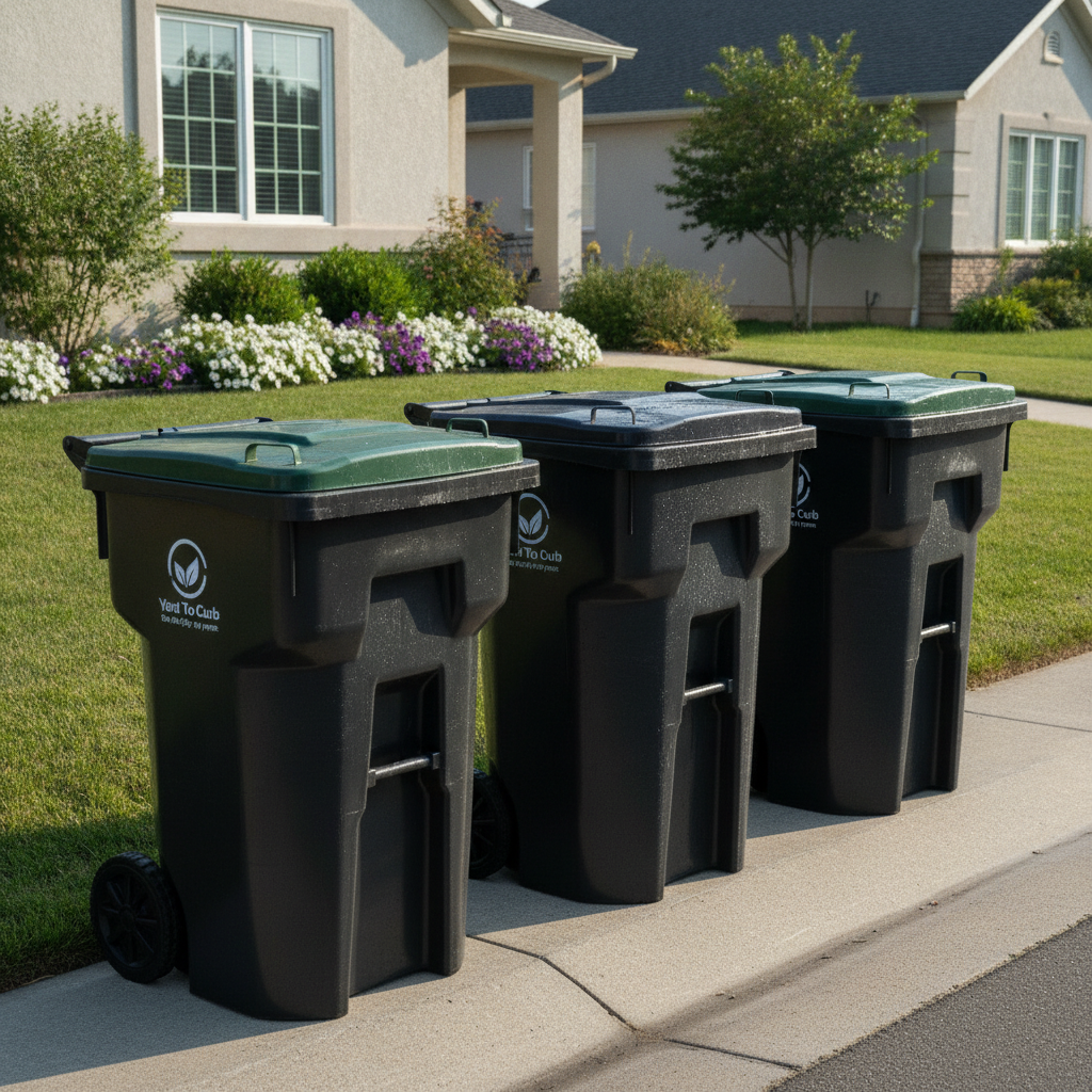 Freshly cleaned shiny trash bins lined up on a suburban curb with no people visible