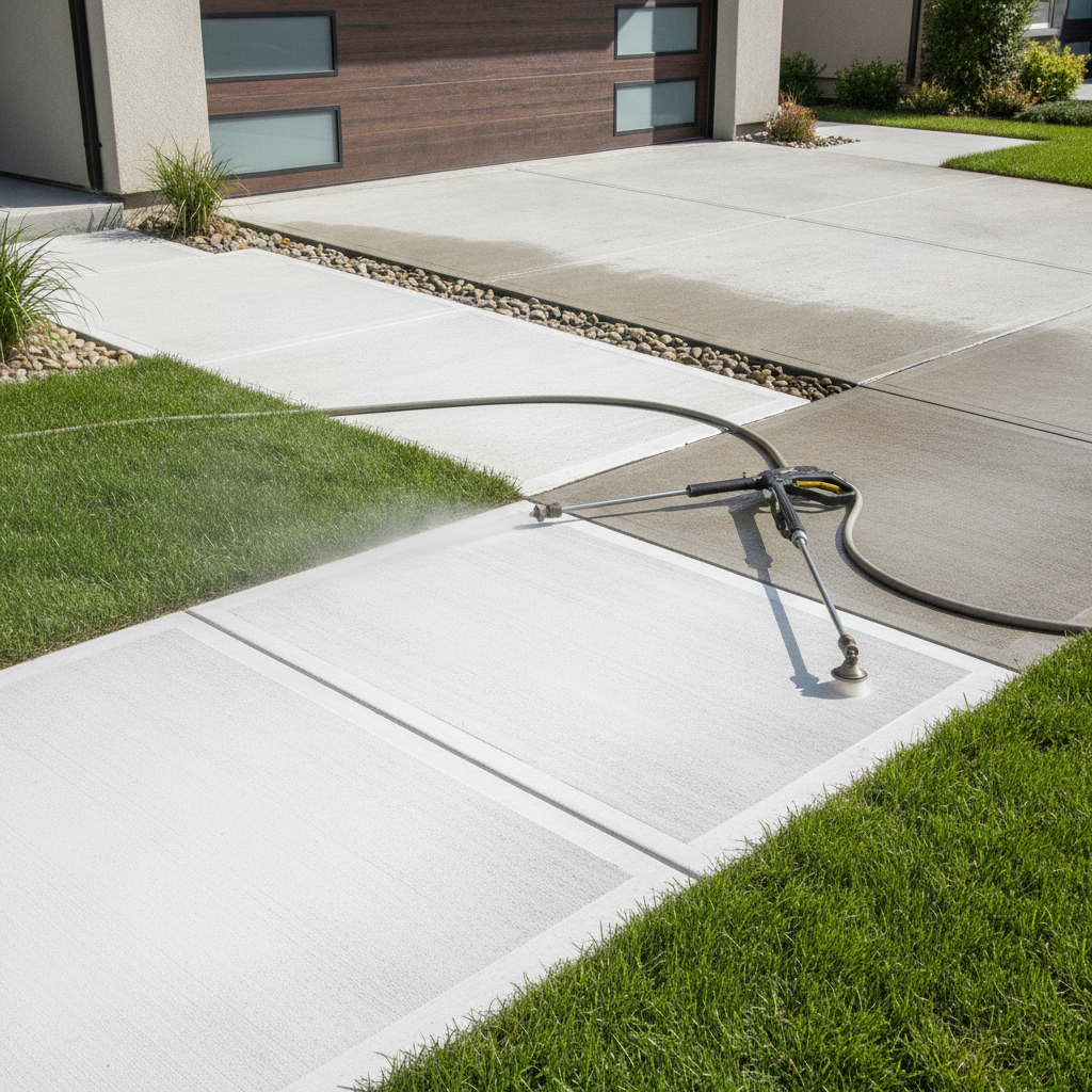 Freshly power washed pristine clean concrete sidewalk and driveway with no people visible