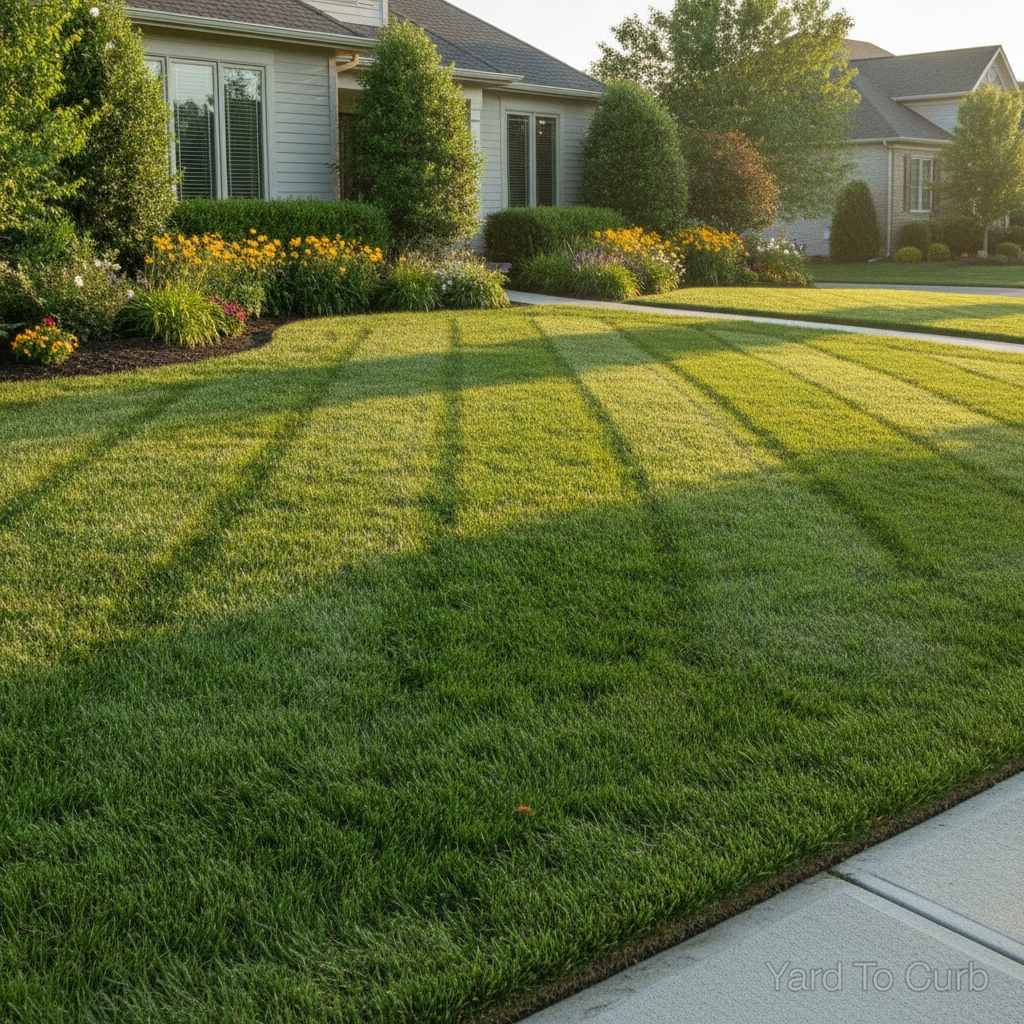 Freshly mowed lush green suburban lawn with clean manicured stripes and pristine landscaping