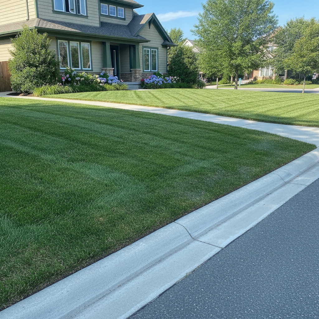 Beautifully manicured green lawn with crisp mowing stripes, clean edged sidewalk, and pristine curb in front of a well-maintained suburban home on a sunny day, no people visible