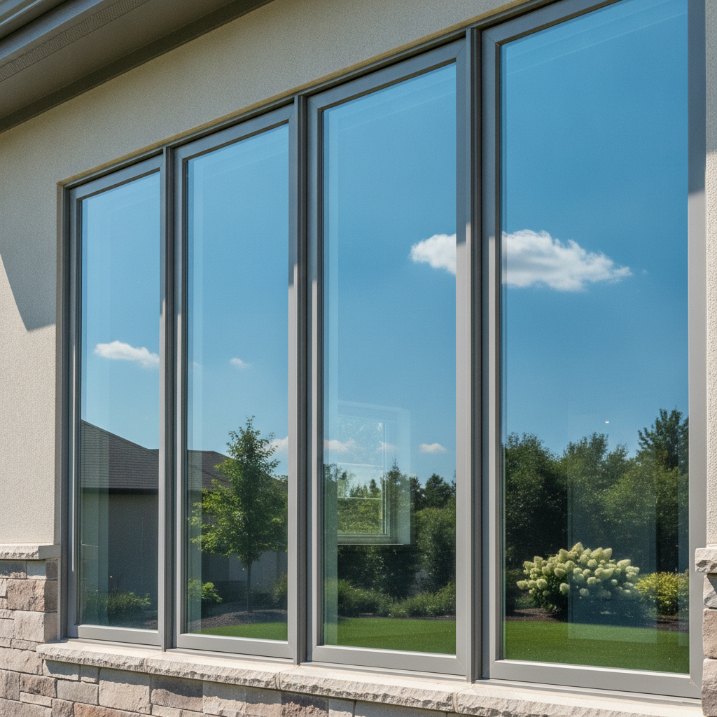 Streak-free sparkling clean residential windows with crystal clear glass reflecting blue sky, no people visible