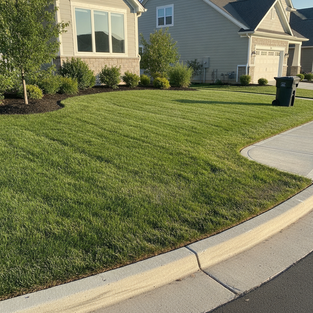 Freshly mowed green lawn with clean stripes and crisp edges