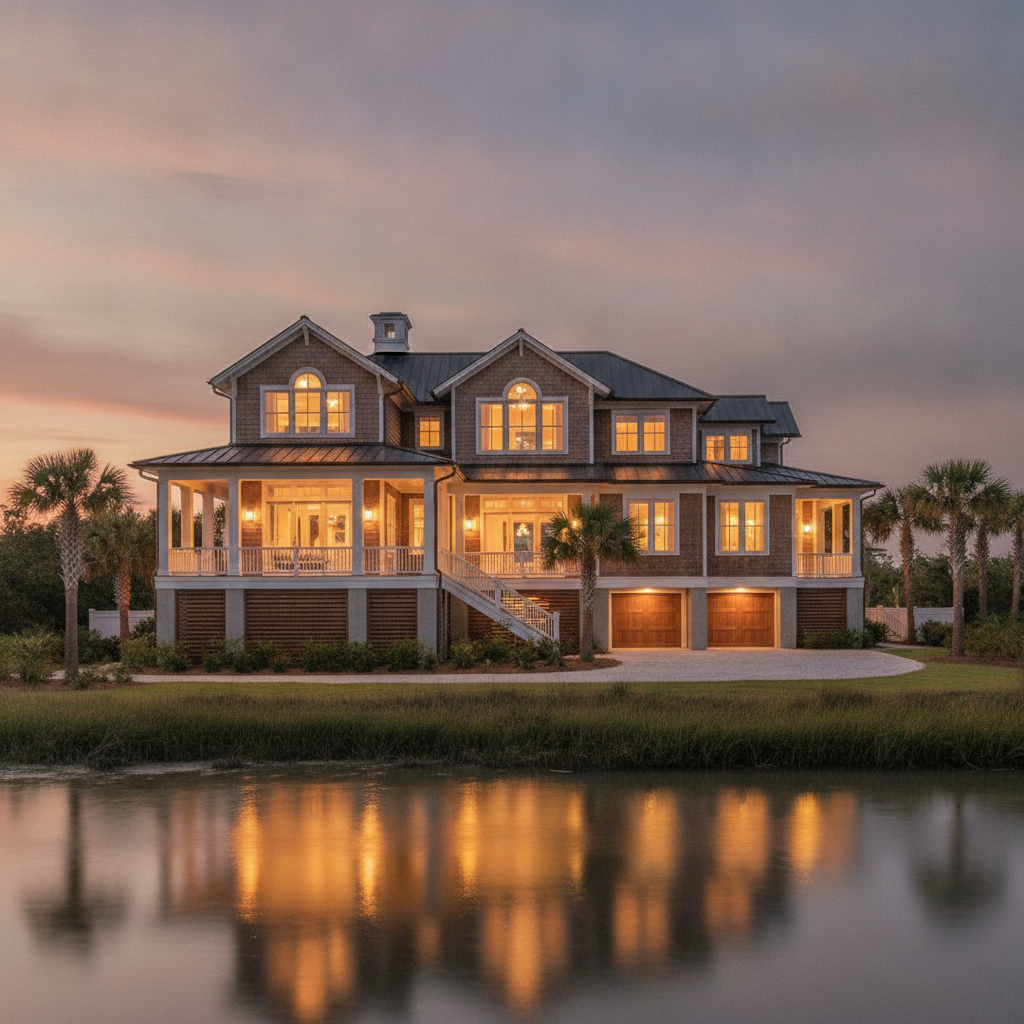 Cinematic luxury custom-built coastal home at dusk with warm interior lights glowing, showcasing premium Lowcountry South Carolina architecture by Taylor Coastal Construction
