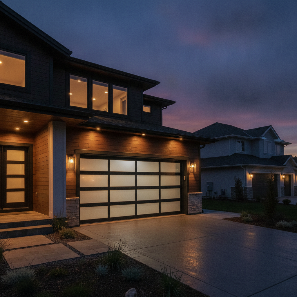 Luxury modern black garage door on a premium suburban home at dusk with warm ambient lighting