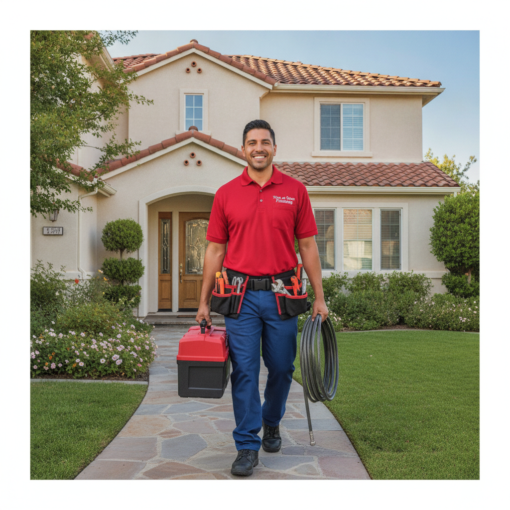 Friendly professional plumber arriving at a home in uniform ready to fix pipes