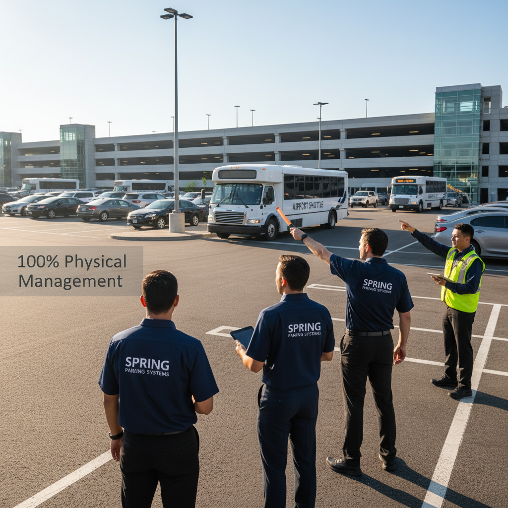 Professional parking attendants and management staff overseeing a busy airport parking facility, directing shuttles and optimizing lot capacity
