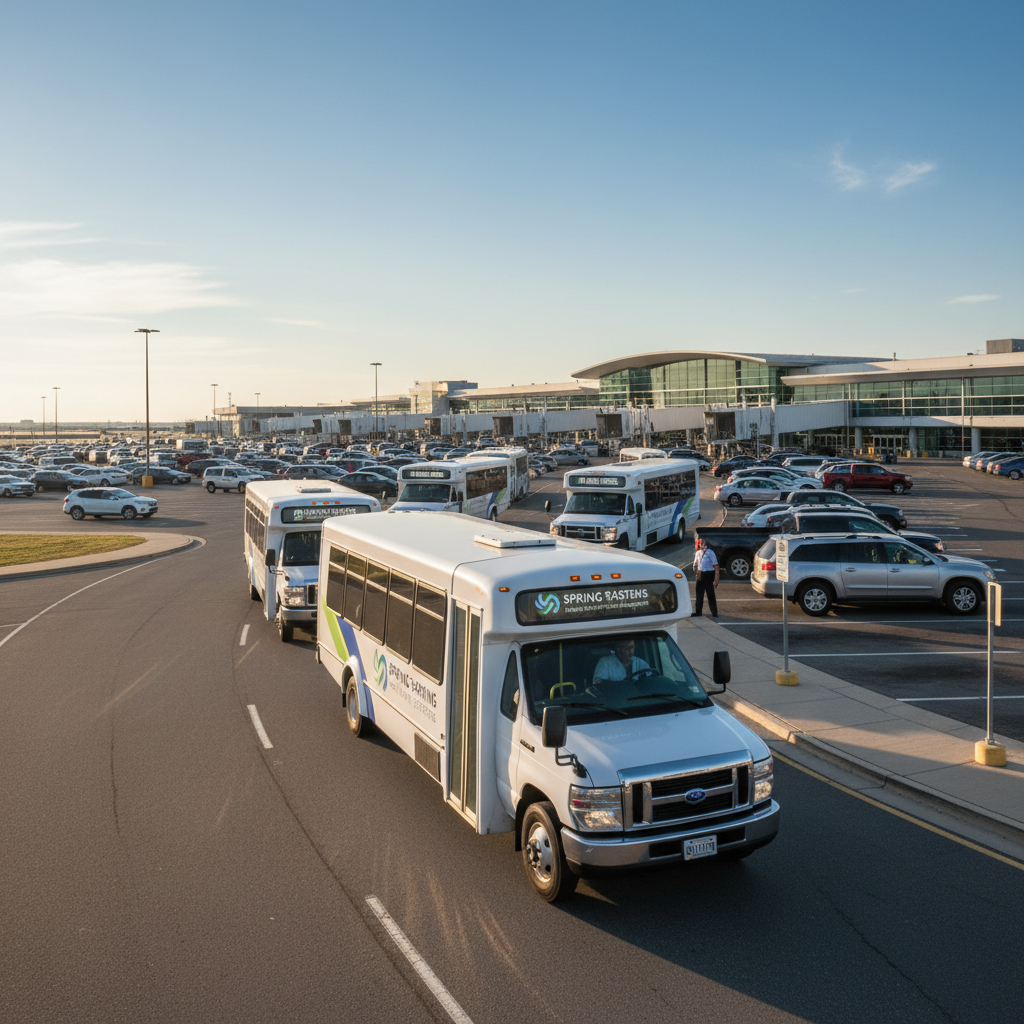 Airport shuttle bus fleet transporting parking customers from off-site lot to terminal