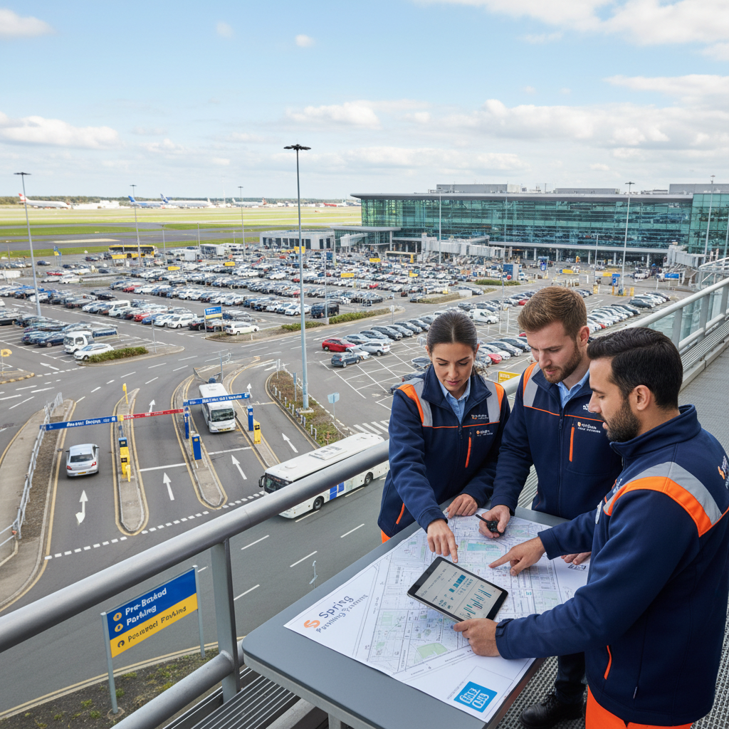 Professional parking management team reviewing operations on-site at an airport facility