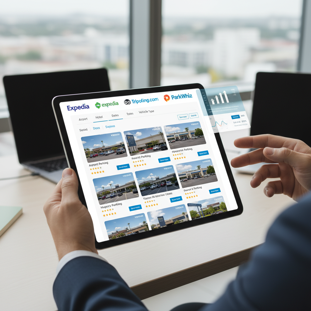 Online travel agency booking platform displaying parking reservation listings and OTA marketplace partnerships