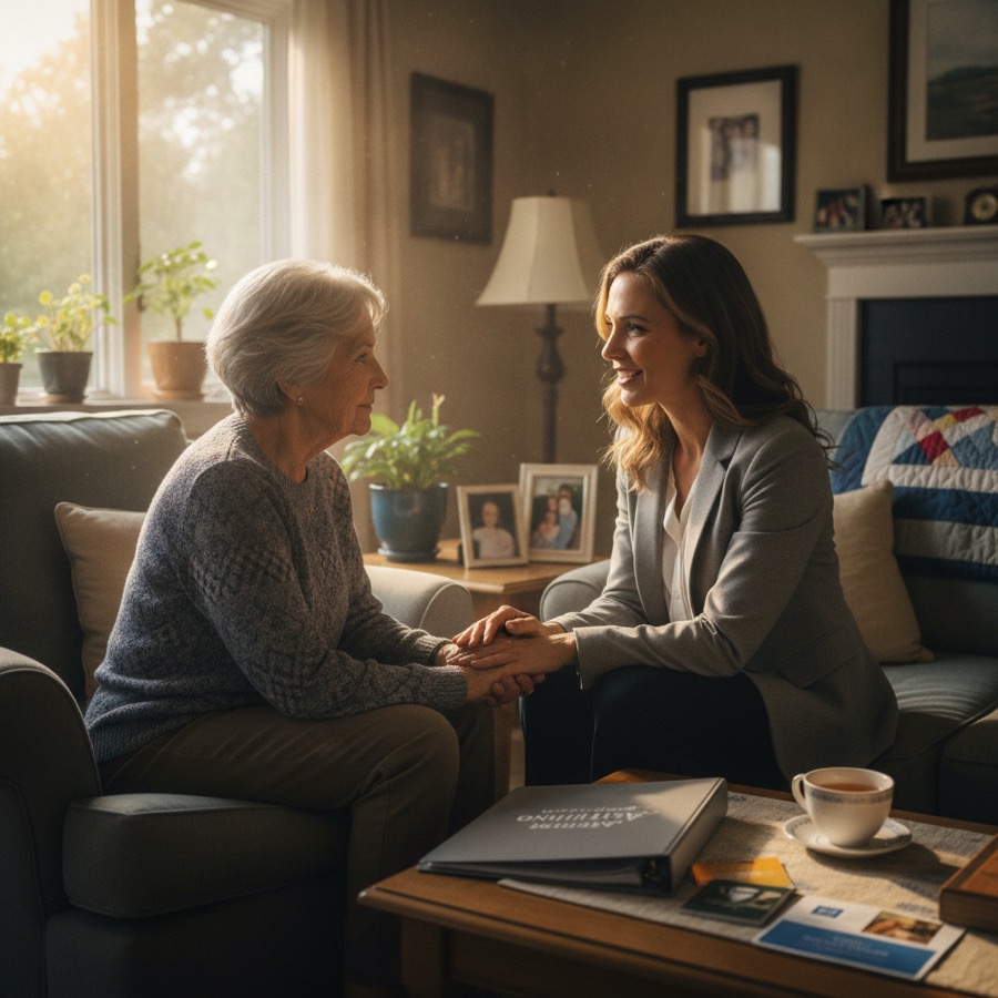Jose Estrada, compassionate senior real estate advisor in San Diego, meeting with a senior client to discuss the transition to assisted living in a warm, sunlit family home