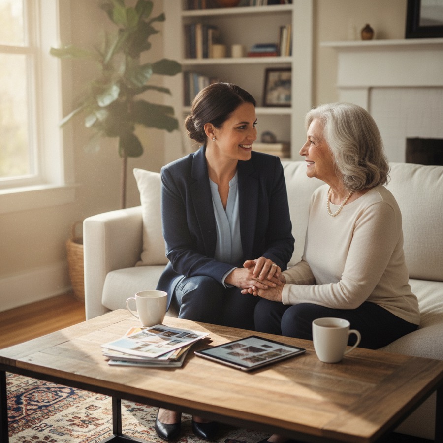 A compassionate San Diego senior real estate advisor having a warm conversation with a senior client in a cozy living room.