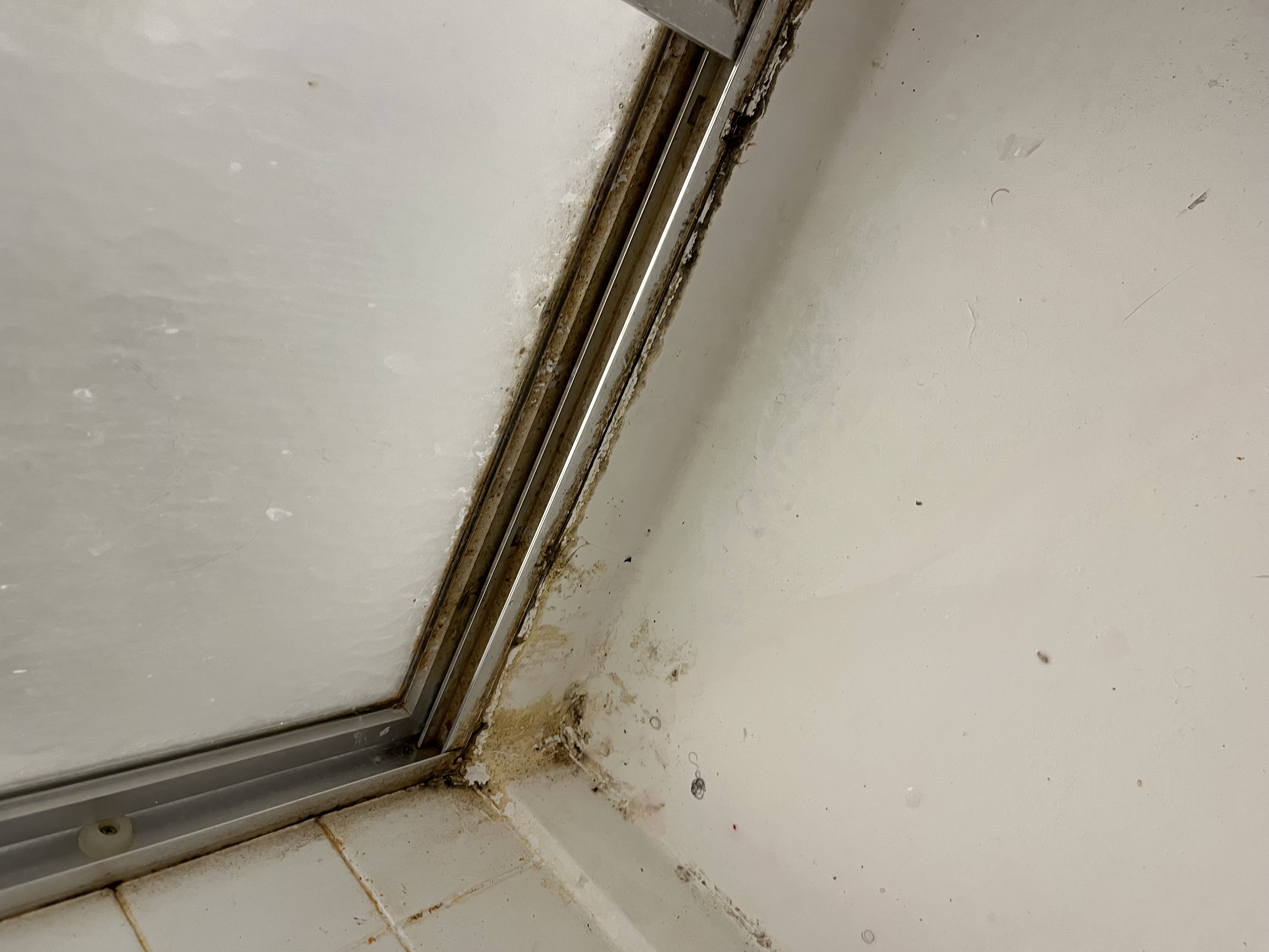 Grimy bathroom with soap scum and hard water stains on tile and glass before professional cleaning