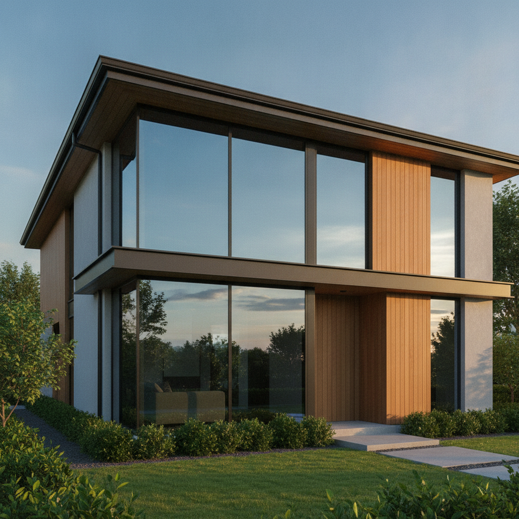 Exterior of a modern home with large windows featuring reflective privacy tint