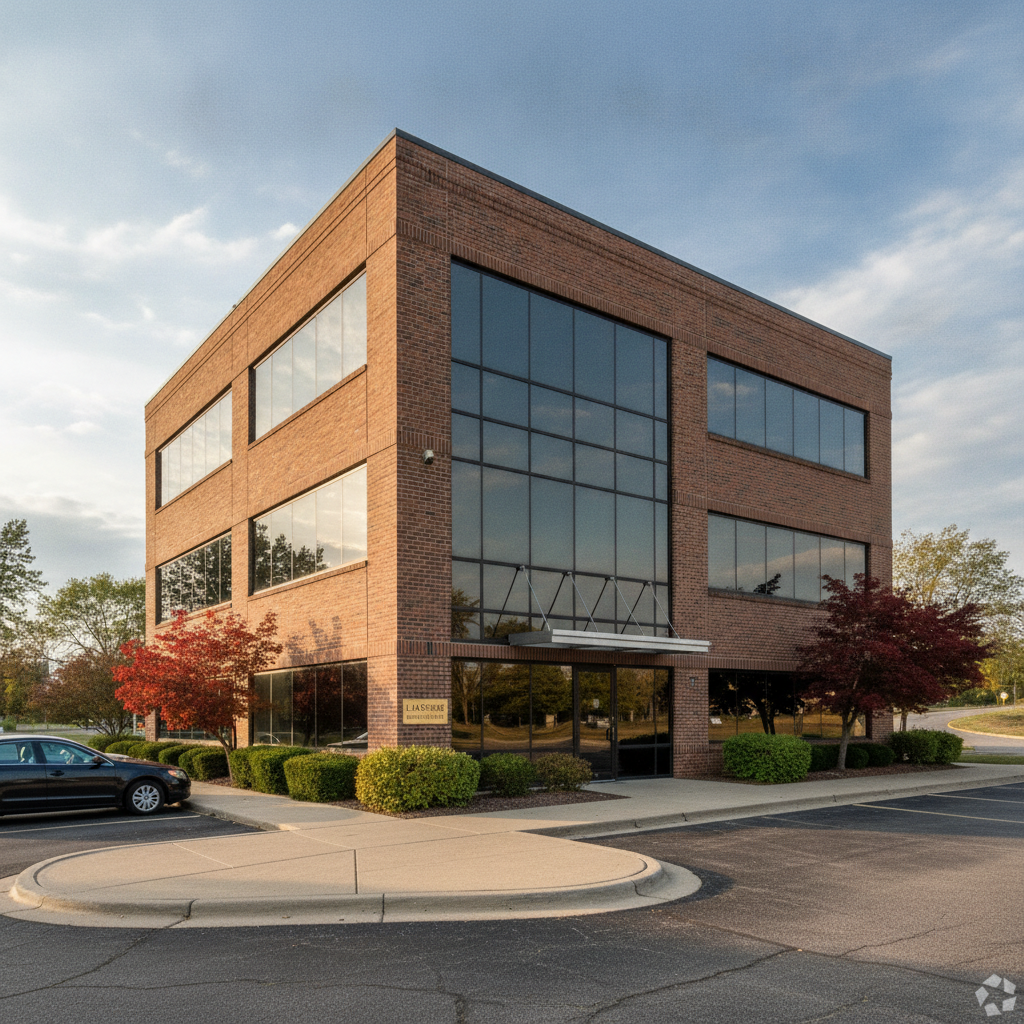 Modern commercial office building with reflective tinted glass windows in downtown Detroit