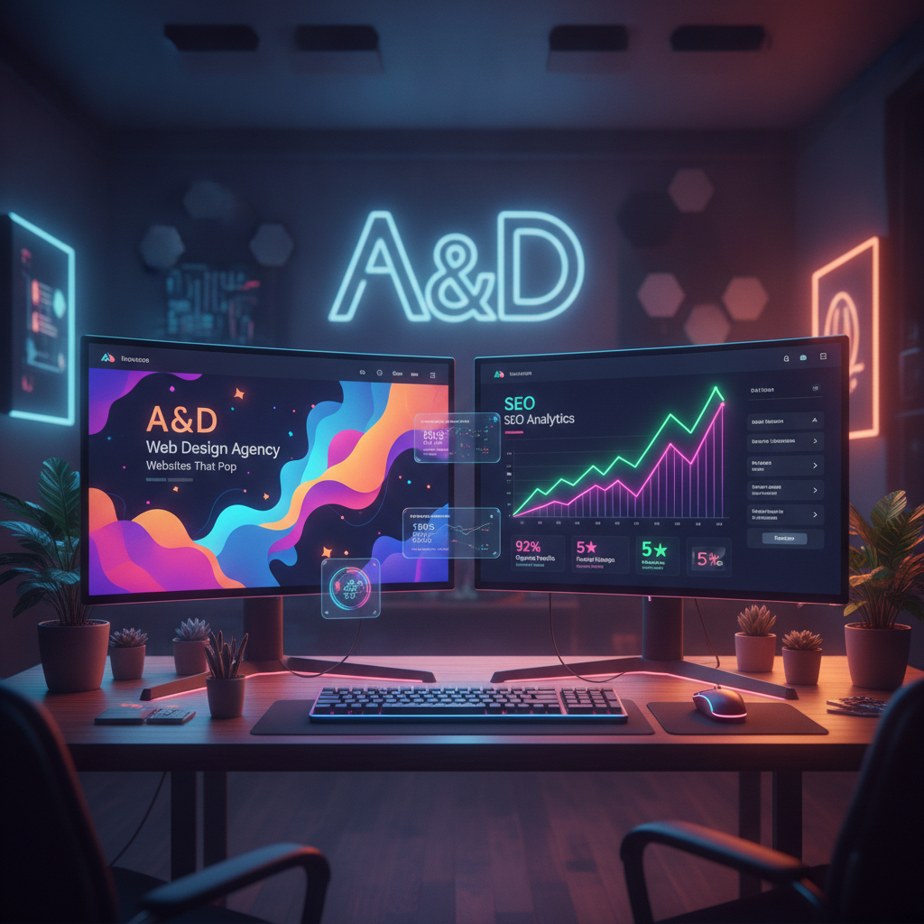 Vibrant modern web design workspace with glowing dual monitors displaying colorful website mockups, neon UI interfaces, and real-time SEO analytics dashboards with rising traffic graphs in a futuristic creative studio
