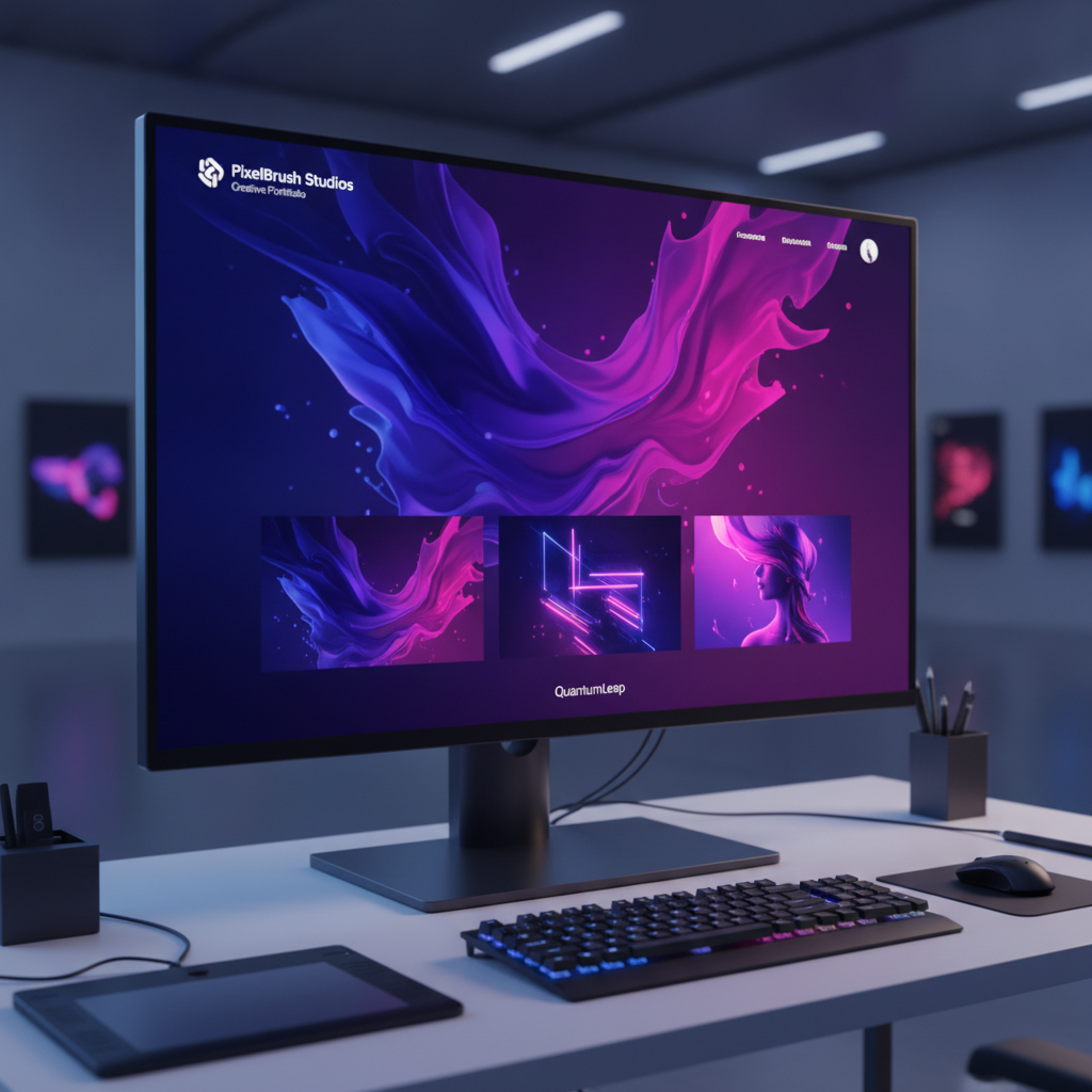 Vibrant creative digital artist portfolio with fluid motion graphics, indigo and magenta abstract artwork, and immersive gallery layout