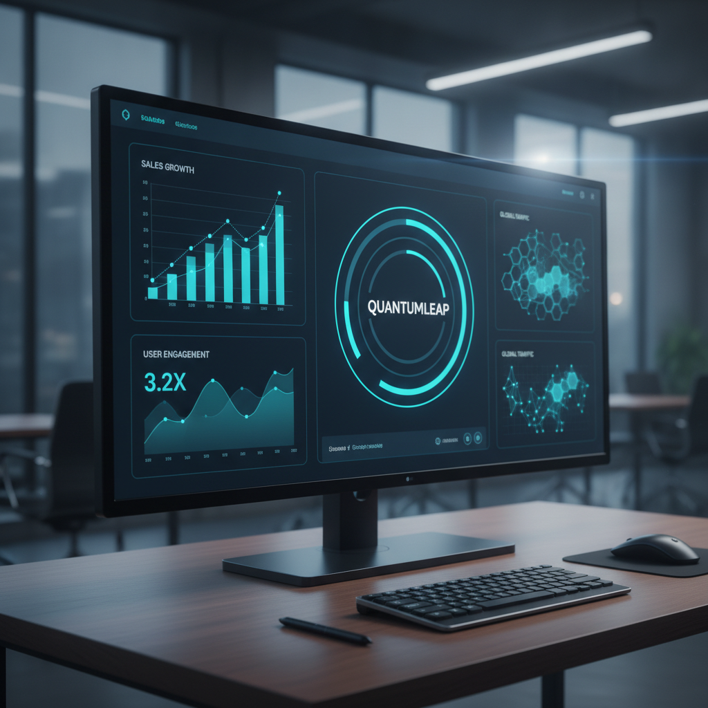Modern SaaS tech startup dashboard with animated cyan charts, futuristic dark UI, and dynamic data visualizations