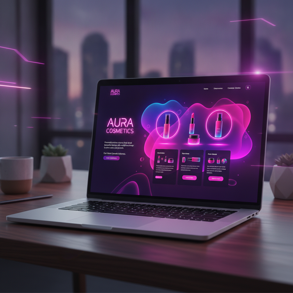 Vibrant e-commerce cosmetics store on laptop with neon pink and purple colors, glowing product showcase and animated interface