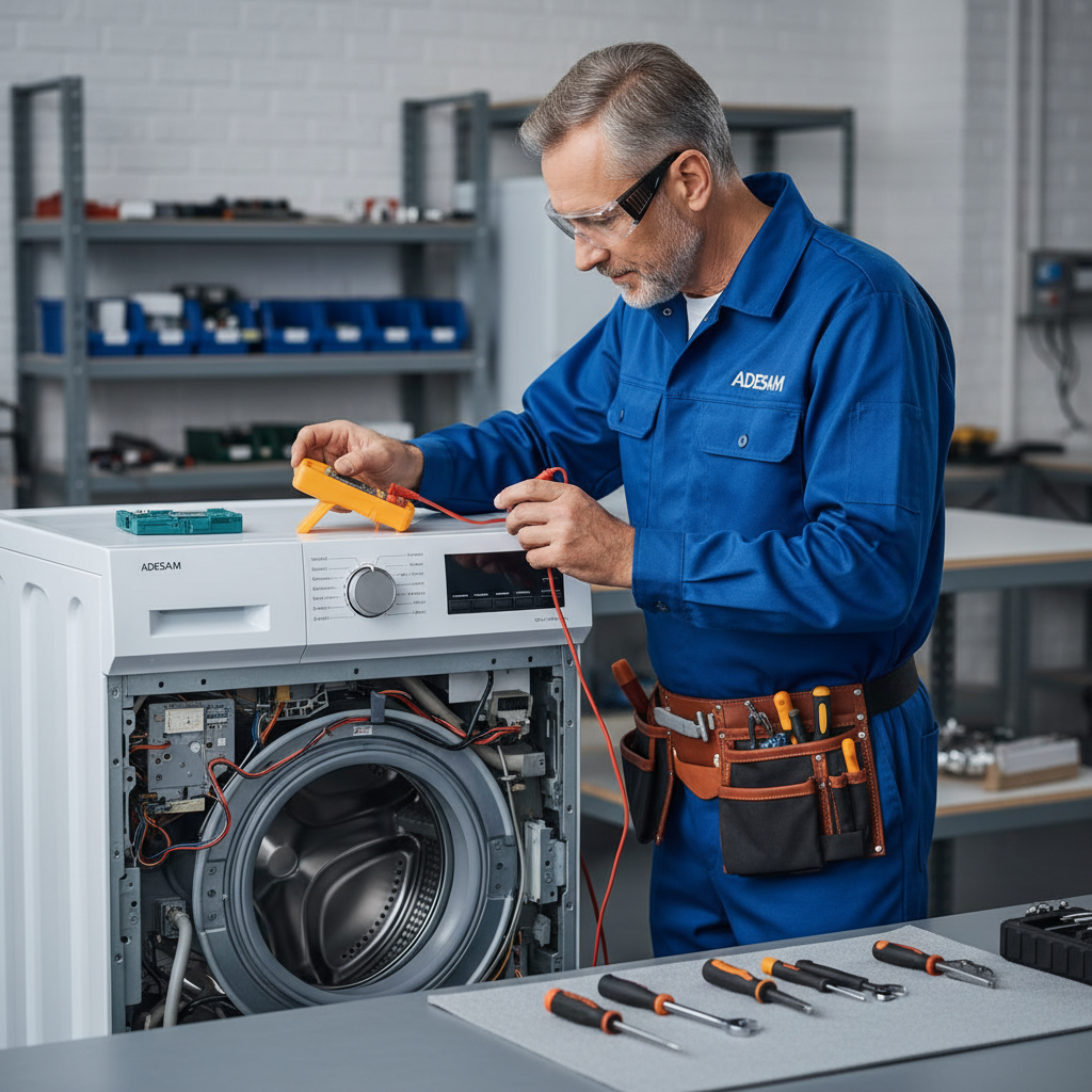 Experienced Adesam repairman professionally fixing an open washing machine