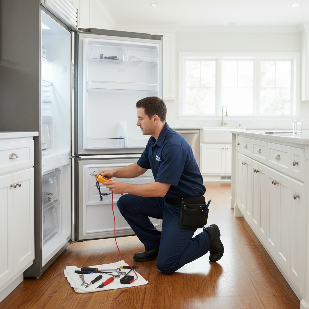 Professional appliance repair technician in uniform fixing a modern stainless steel refrigerator in a well-lit kitchen