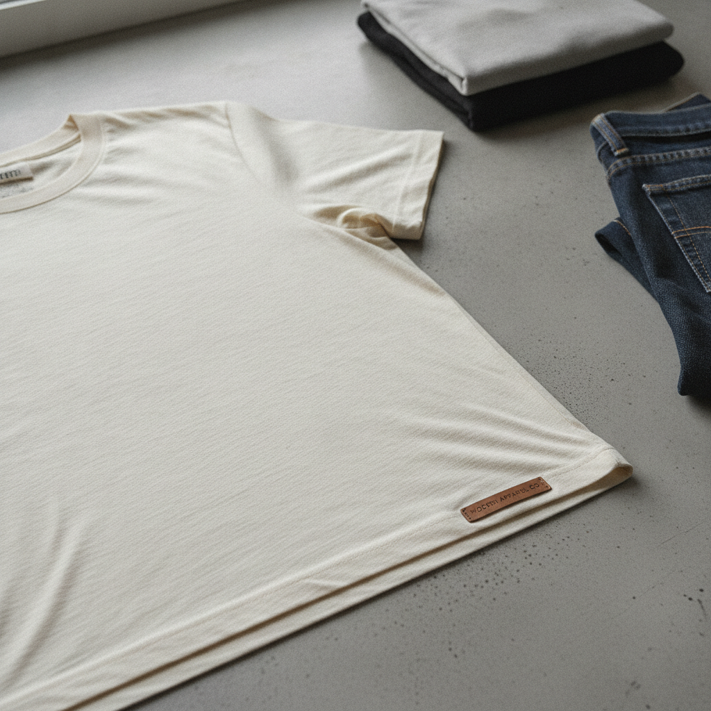 Second-hand graphic band t-shirt from the 90s folded on wooden table