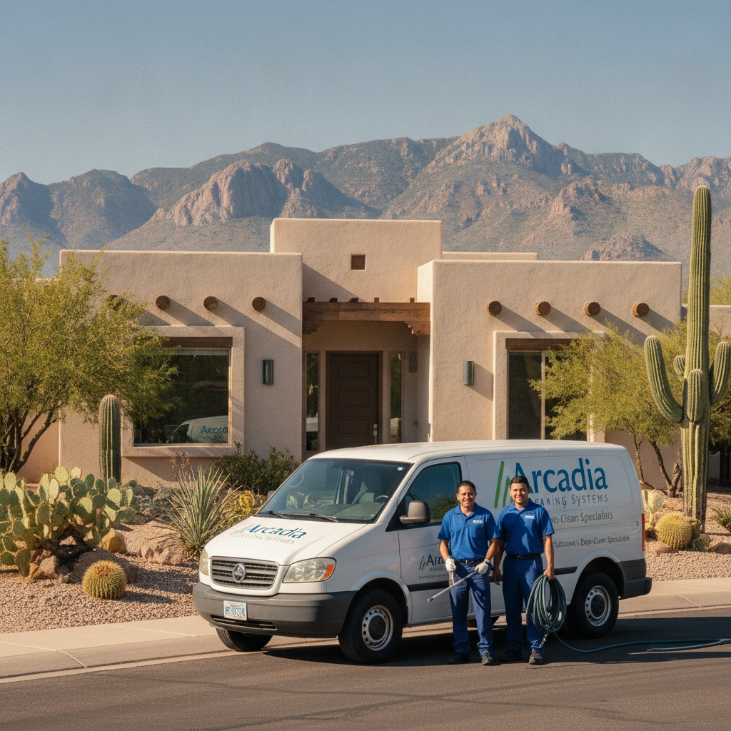 Arcadia Cleaning Systems van and uniformed technicians outside a Tucson Arizona home