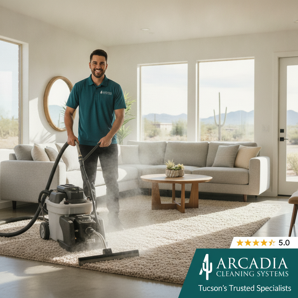Professional Arcadia Cleaning Systems technician performing deep steam carpet cleaning in a bright modern Tucson living room