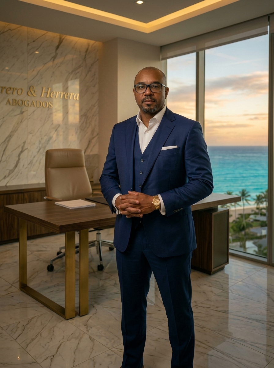 Elegant law firm office interior in Punta Cana with leather chairs and legal books