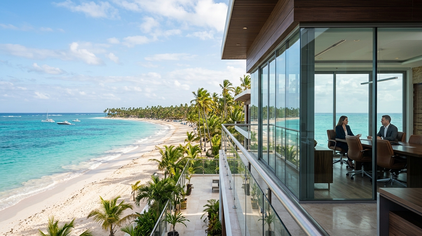Elegant luxury law firm office interior with classical columns marble floors and panoramic Caribbean ocean view in Punta Cana