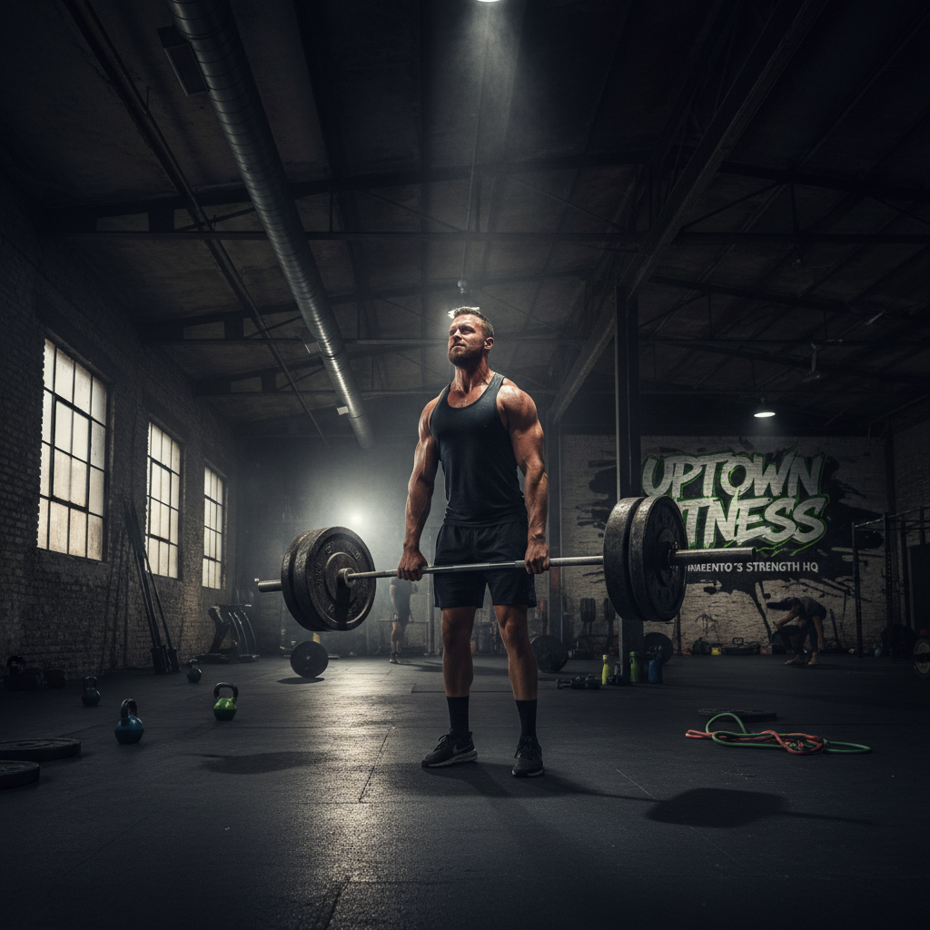 Intense athlete lifting heavy barbell in dark industrial gym with dramatic lighting at Uptown Fitness Sacramento