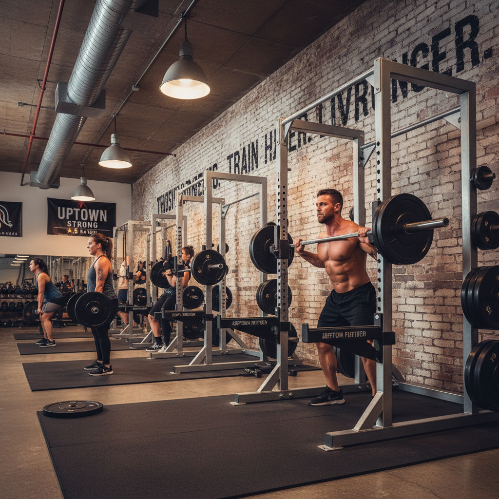 Interior of Uptown Fitness gym on Del Paso Blvd showing athletes using barbells and squat racks under industrial lighting