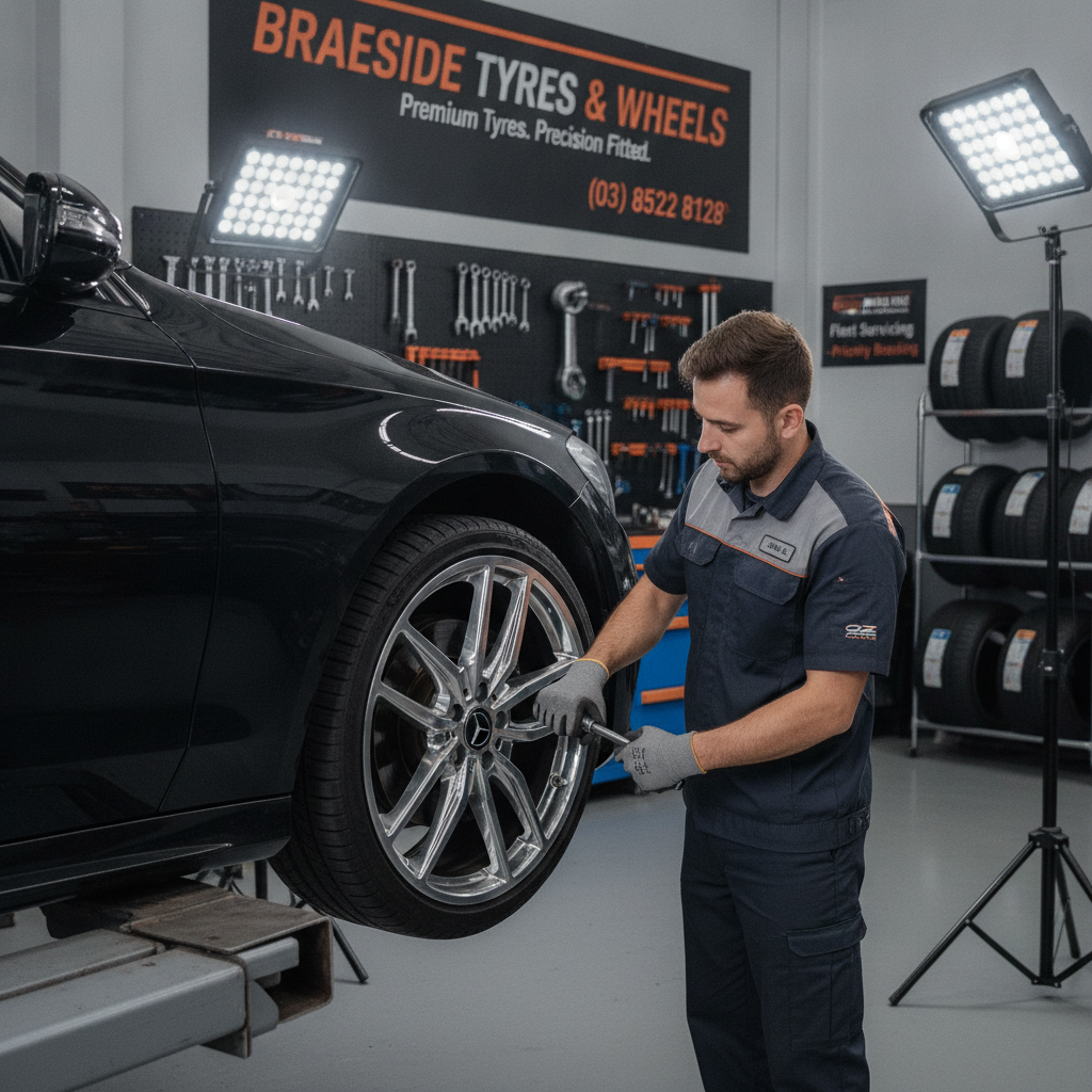 Braeside Tyres mechanic fitting premium alloy wheel in professional workshop