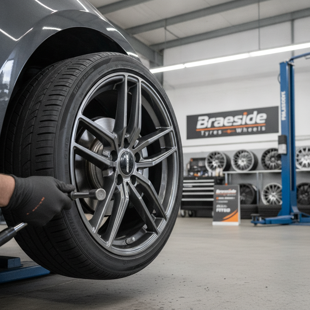 Close-up of a premium performance alloy wheel with black high-performance tyre being fitted in Braeside Tyres professional auto workshop