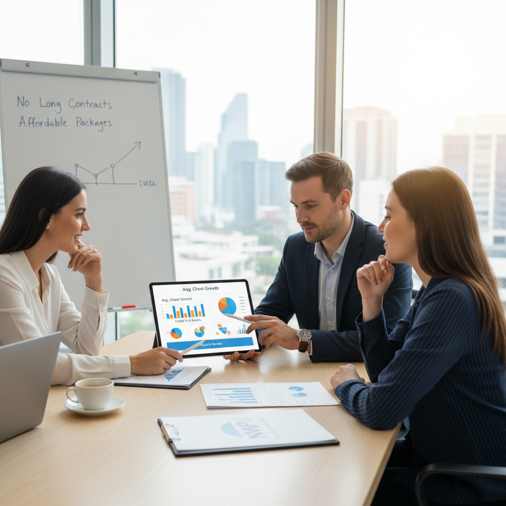 Confident NWP marketing and consulting team meeting with a small business owner reviewing growth strategy in a bright modern office