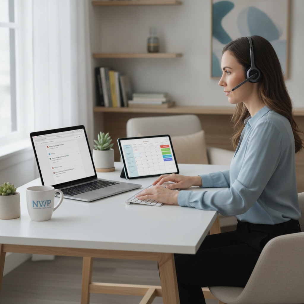 Professional virtual assistant working at a clean modern desk with headset and laptop managing client emails and scheduling tasks